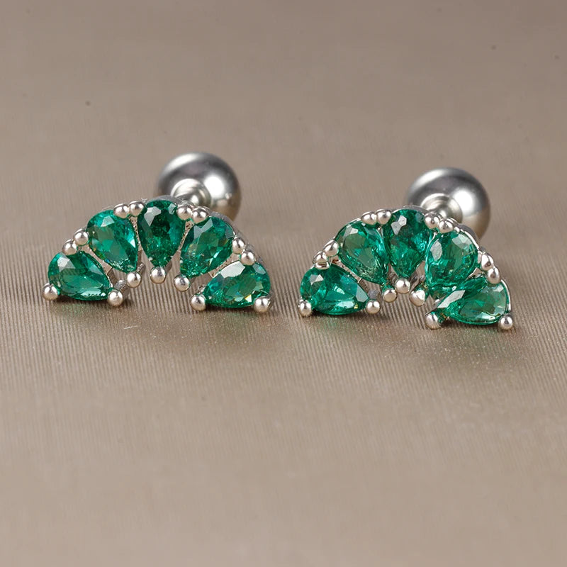 2-Piece Stainless Steel Tiny Stud Earrings for Women with Green Crystal Zirconia - Cartilage Helix Tragus Piercing Jewelry