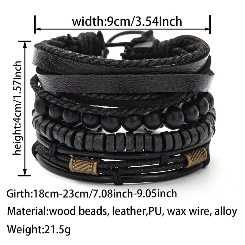 4PCS Multi-Layer Wooden Beads Men's Bracelet Set - Vintage Fashion Accessories