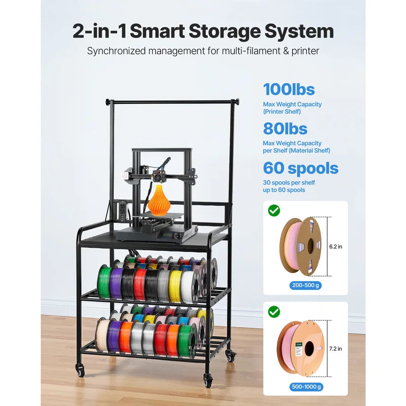 3-Tier Filament Storage Rack for 3D Printers with Wheels and Heavy Duty Steel Frame