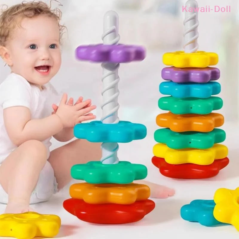Baby Spinning Stacking Puzzle Toys Rainbow Tower Montessori Motor Skills Game
