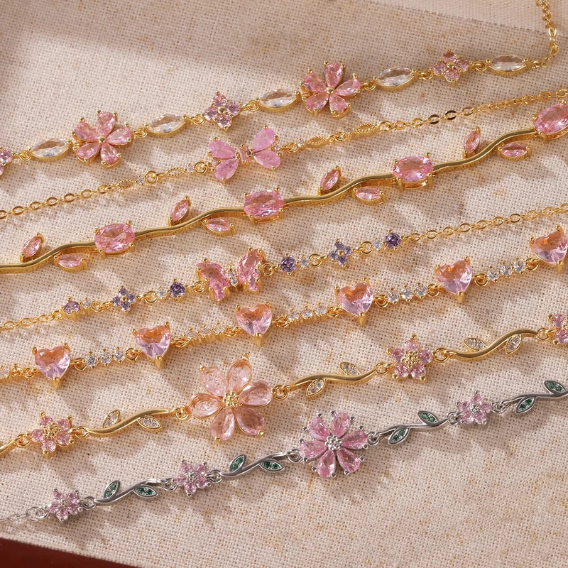 Pink Zirconia Crystal Flower Bow Bracelet for Women Adjustable 18K Gold Plated