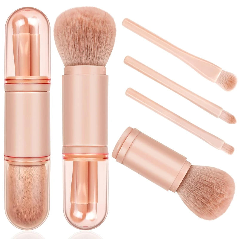 4-in-1 Travel Makeup Brush Set Retractable Kabuki & Eye Brushes