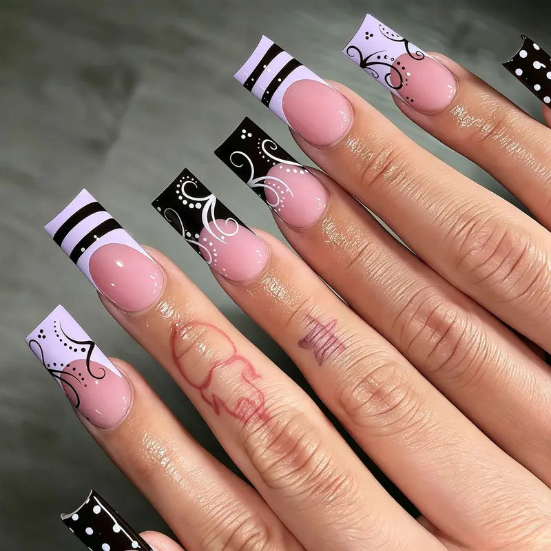 24Pcs Press On Nails Set - Punk Vine Striped Pink Black French Polka Dots
