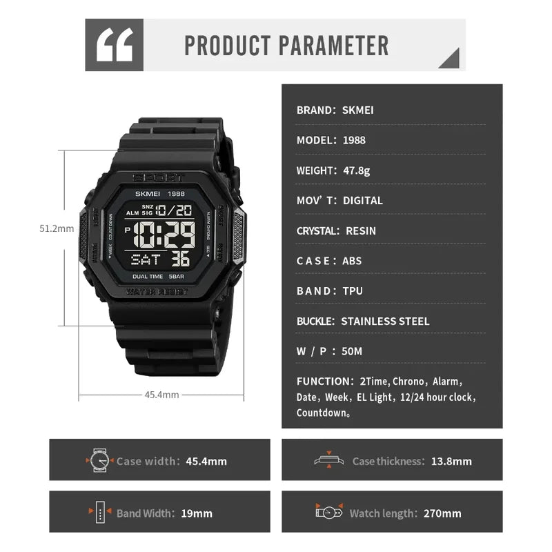Digital Sport Wristwatch for Men Waterproof Countdown Chrono LED Display