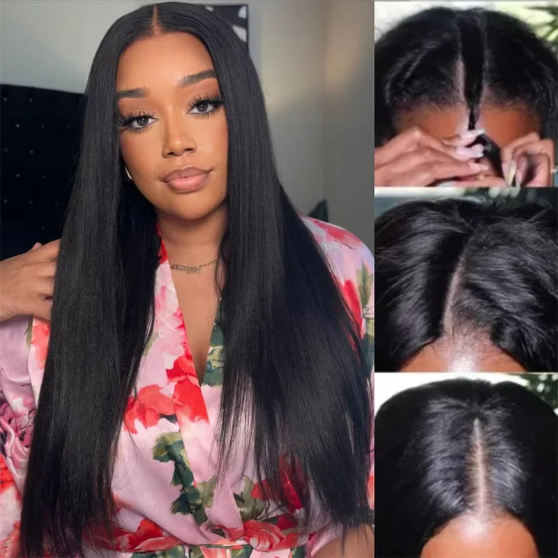 Human Hair V Part Wig 24-28in Straight 200% Density Natural Black