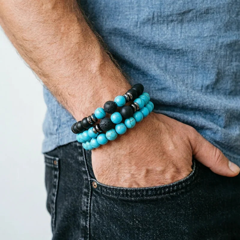 Men's Natural Tiger Eye Lava Rock Beaded Bracelet Set - Stress Relief Yoga Accessory