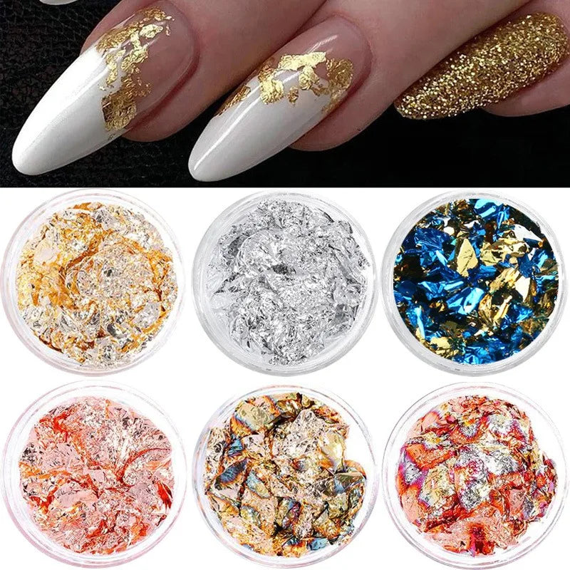 Professional Nail Art Foil and Glitter Sheets Set - Gold Silver Copper Flakes & Sequins Bulk Pack