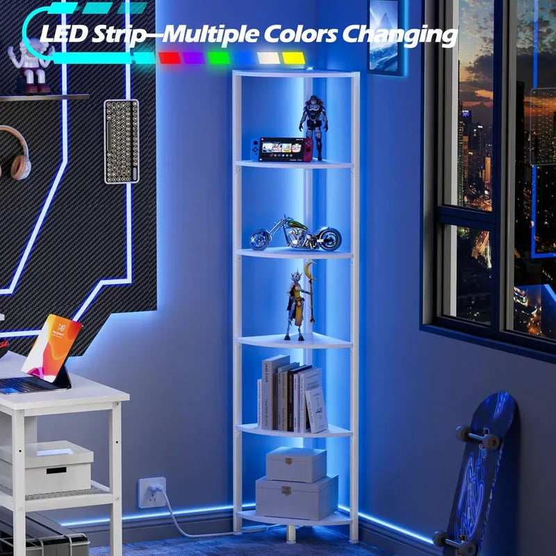 6-Tier Corner Shelf with LED Lights - Tall White Standing Organizer for Home