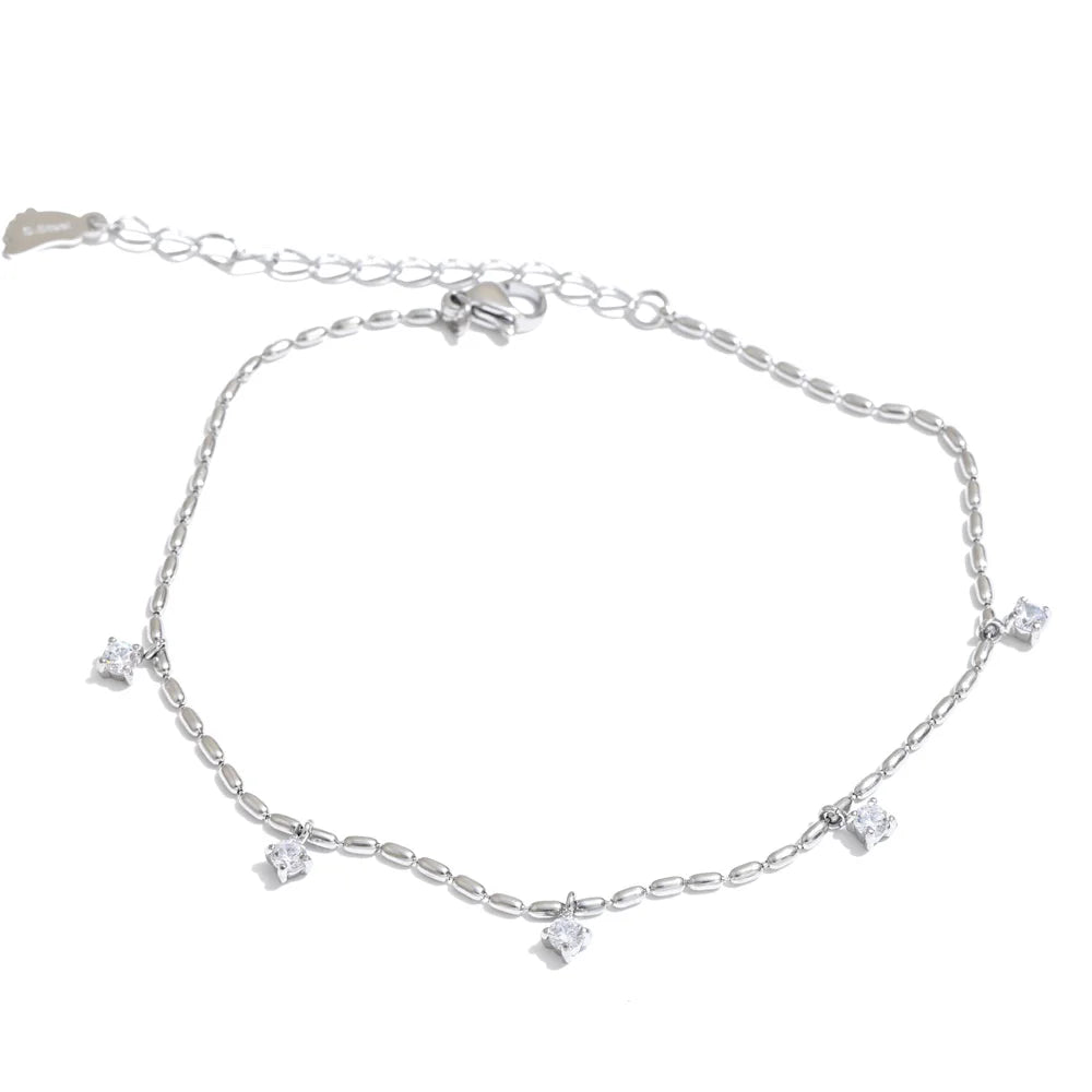 Stainless Steel Chain Anklet for Women Zirconia Drop Foot Jewelry Summer Beach Waterproof Accessory