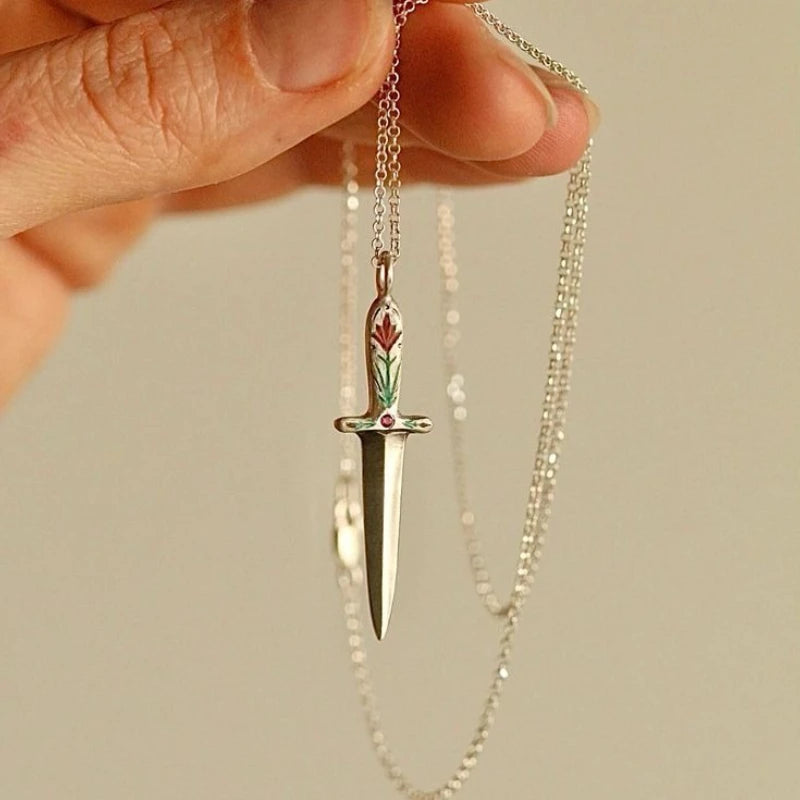 Vintage Silver Sword Pendant Necklace for Women Enamel Flower Dagger Jewelry