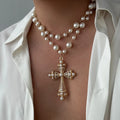Elegant Imitation Pearl Choker Necklace with Cross Pendant for Men Women - Goth Party Jewelry