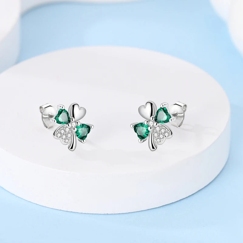 Sterling Silver Four Clover Stud Earrings with Lily of the Valley Flower for Women