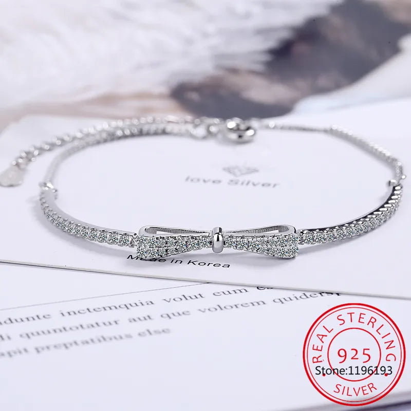 Sterling Silver Bowknot Bracelet for Women & Men with Zircon - Wedding Party Jewelry