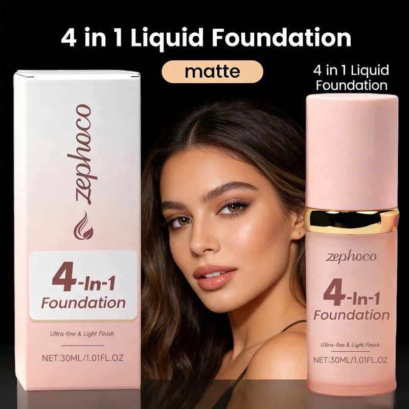 4 in 1 Liquid Foundation with Sun Protection - High Coverage, Waterproof, Matte Finish