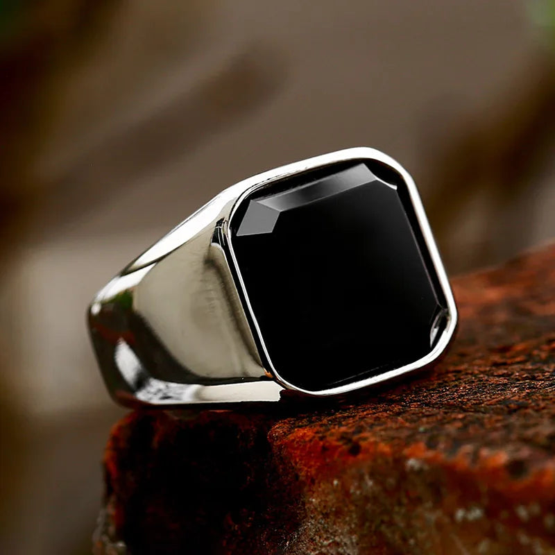 Stainless Steel Zircon Black Agate Ring for Men Women - Wedding Jewelry Gift