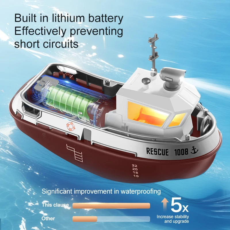 Remote Control Water Tugboat Toy with Lights - 1/32 Scale, Dual Motor, Long Range