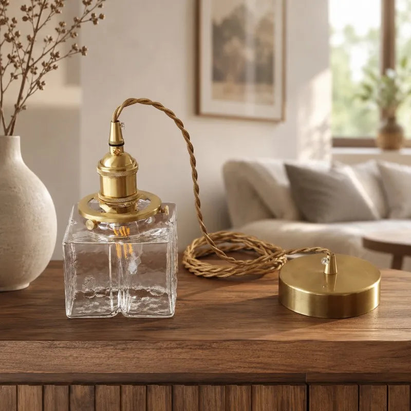 Japanese Retro Glass Pendant Light with Copper Finish for Bedroom Dining Room Study Hotel