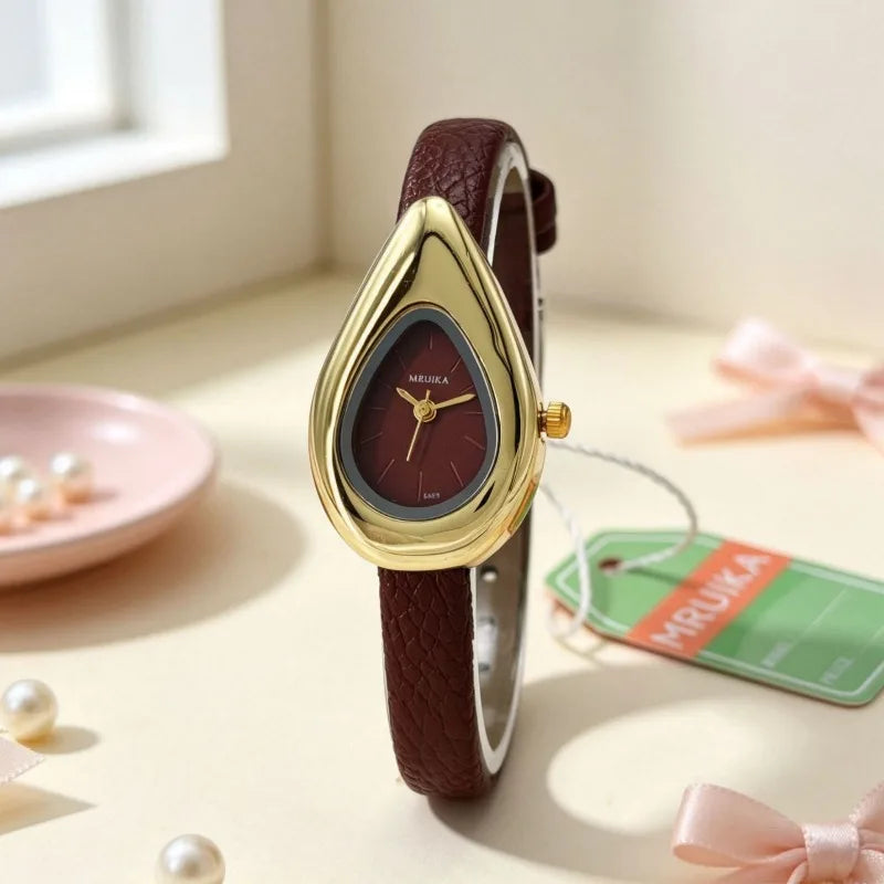 Irregular Water Drop Dial Quartz Watch for Women Retro Leather Strap Dress Watch