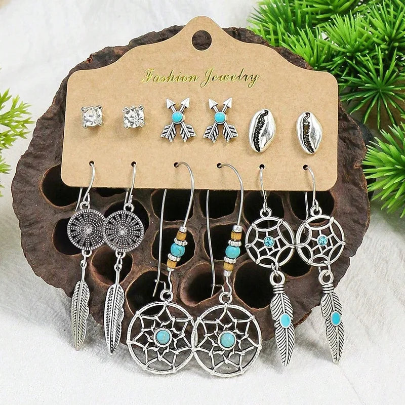 Boho Ethnic Pendant and Round Earrings Set for Women - Vintage Jewelry