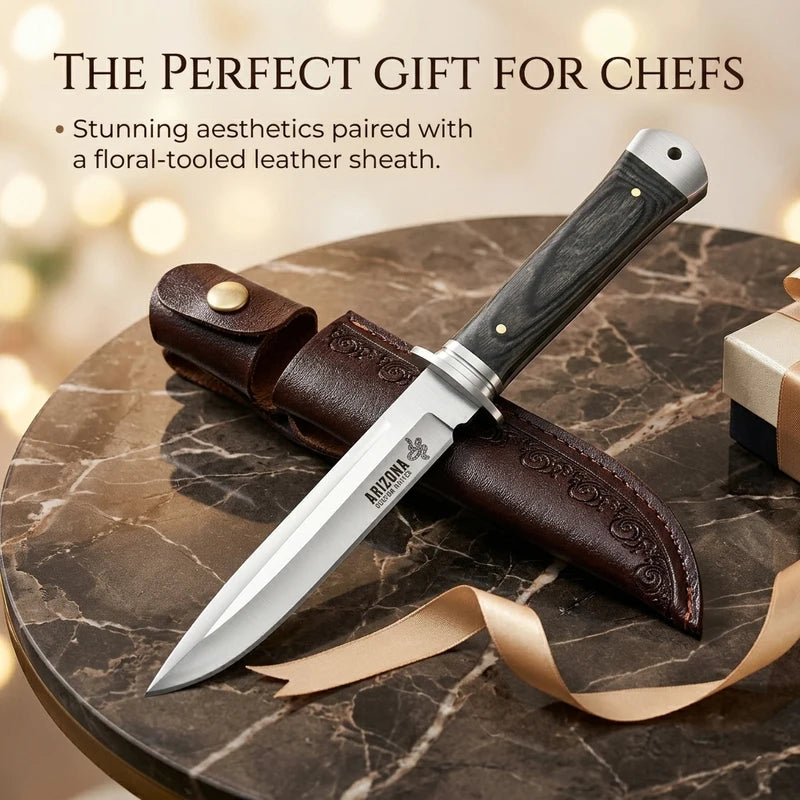 Fixed Blade Kitchen Knife with Leather Sheath - Stainless Steel, Multi-Color