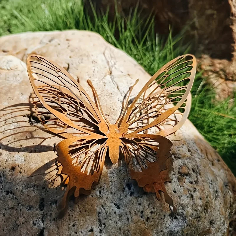 Metal Butterfly Garden Sculpture - Rustic Outdoor & Indoor Yard Decor, Open Wing Design