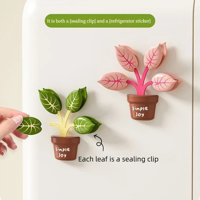 Magnetic Food Bag Clips with Potted Leaf Design - Moisture Proof Kitchen Storage