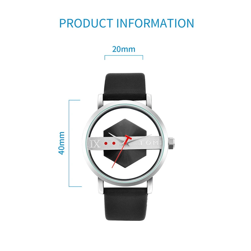 Men's Leather Watch Strap with Hollow Design and Glass Bottom Cover - Quartz Movement