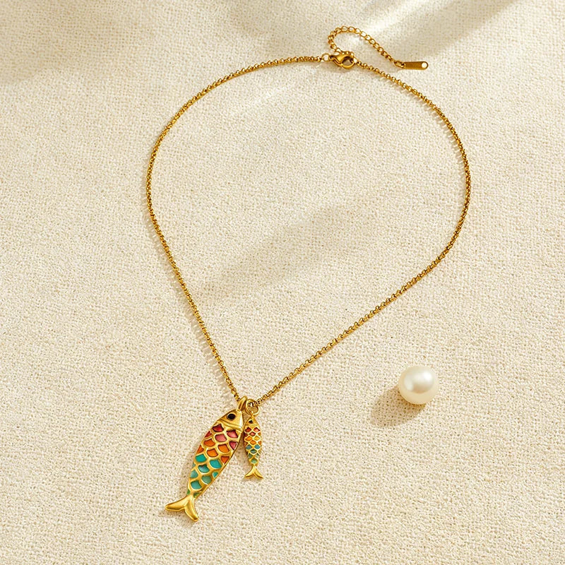 Colorful Fish Pendant Necklace - Stainless Steel Chain Jewelry Gift