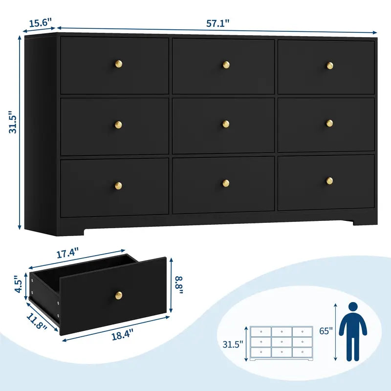 Modern 9-Drawer Dresser with Gold Handles, 57-Inch Wide Storage Chest