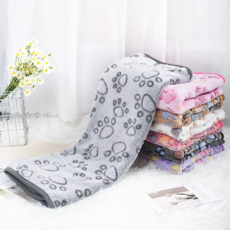 Soft Fluffy Pet Blanket for Dogs and Cats - Warm Comfortable Flannel Mat with Paw Print Pattern