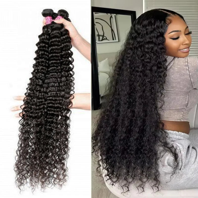 Deep Wave Human Hair Bundles - Brazilian Virgin Curly Hair Extensions for Sew-In & Weave