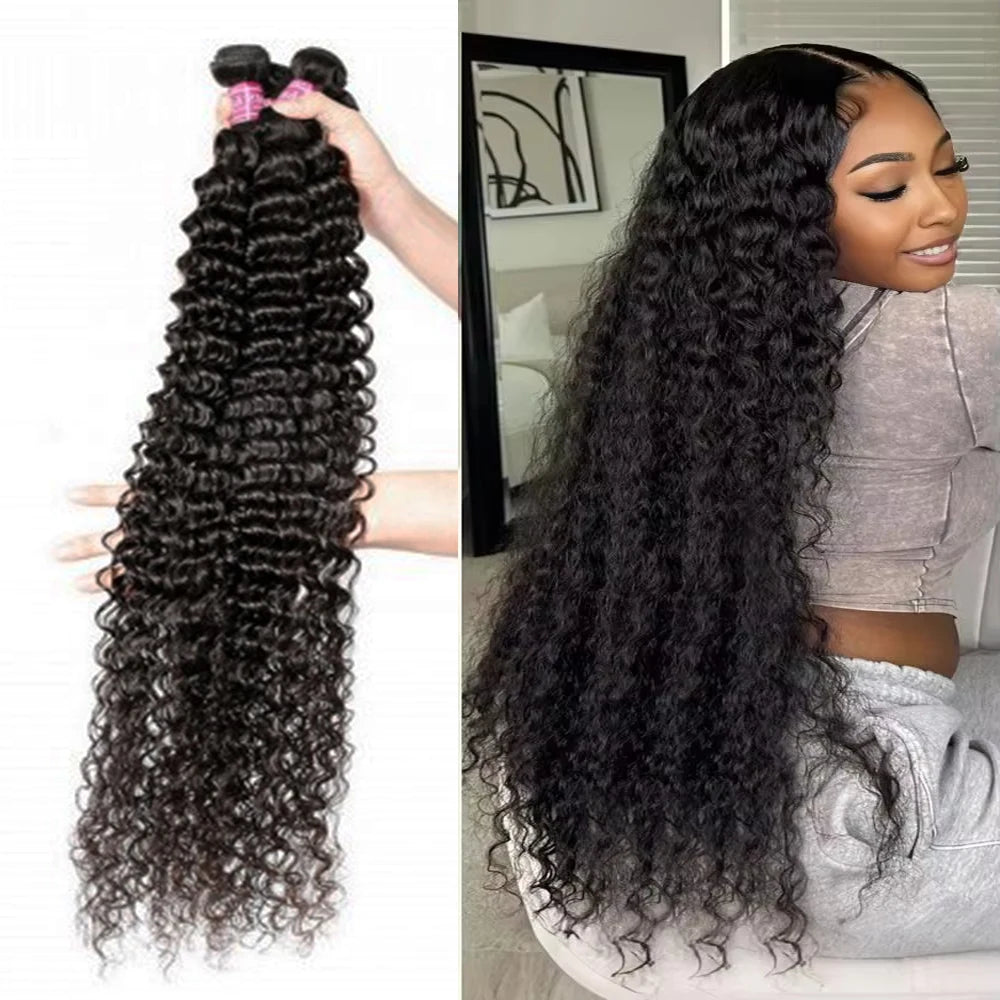 Deep Wave Human Hair Bundles - Brazilian Virgin Curly Hair Extensions for Sew-In & Weave