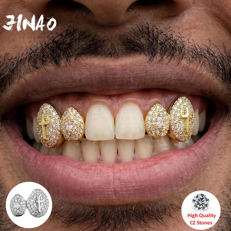 Hip Hop Double Teeth Grillz Set for Men - Iced Solid Cross CZ Jewelry - Multiple Colors