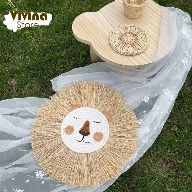 Nordic Hand Woven Lion Wall Decor Cartoon Animal Head Wall Hanging Children Room Art