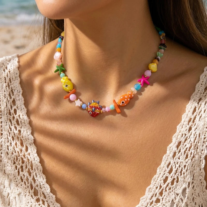 Colorful Ceramic Fish Starfish Beach Necklace for Women Ocean Vacation Jewelry