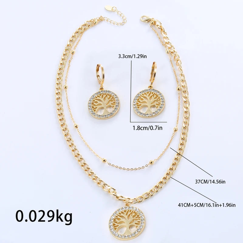 Women's Jewelry Set Rhinestone Tree of Life Pendant Necklace Hoop Earrings Gold