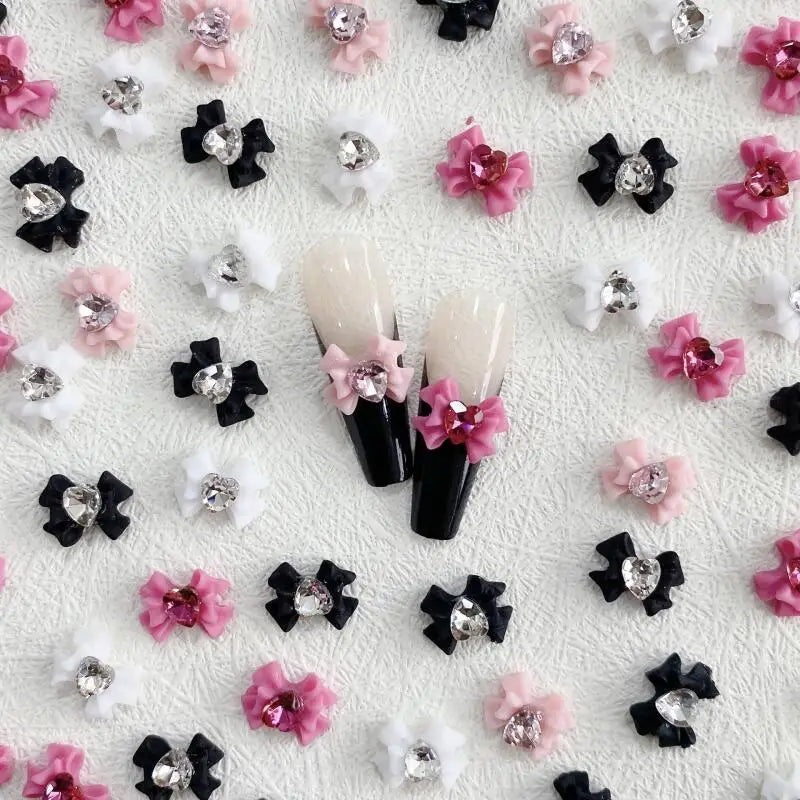 10pcs Resin Bow Nail Art Decorations with Heart Crystal Rhinestones & Pearls