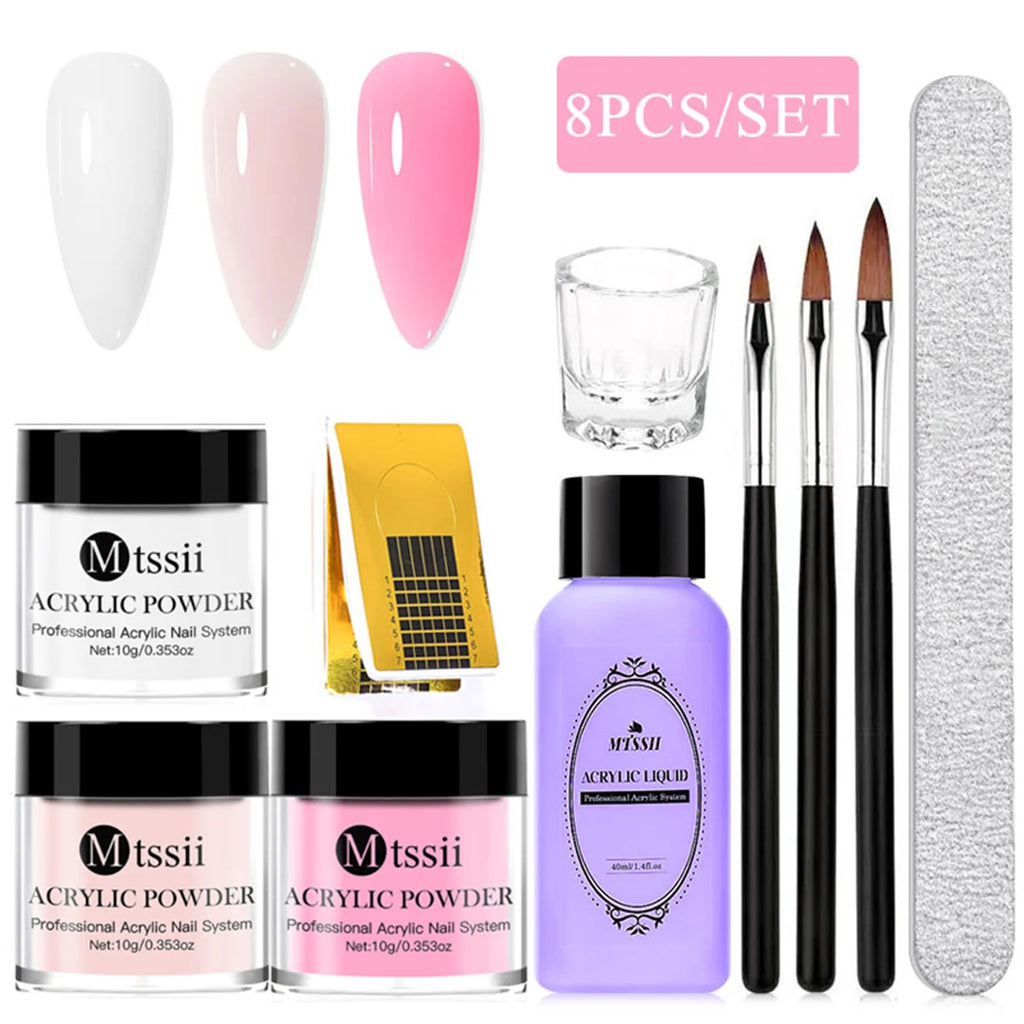 Professional Nail Acrylic Powder & Liquid Set - 8PCS Nail Art Kit with Brush