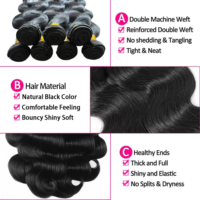 Natural Color Body Wave Human Hair Bundles 12-26 Inch Virgin Hair Extensions