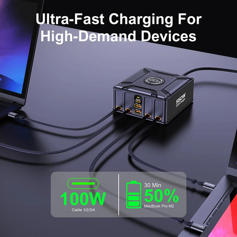 7-in-1 Charging Station with 550W GaN Fast Charger & Retractable USB C Cable