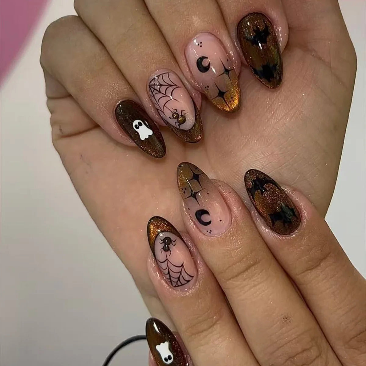 24Pc Halloween False Nail Tips with Almond Head Designs - Full Cover Press-On Manicure