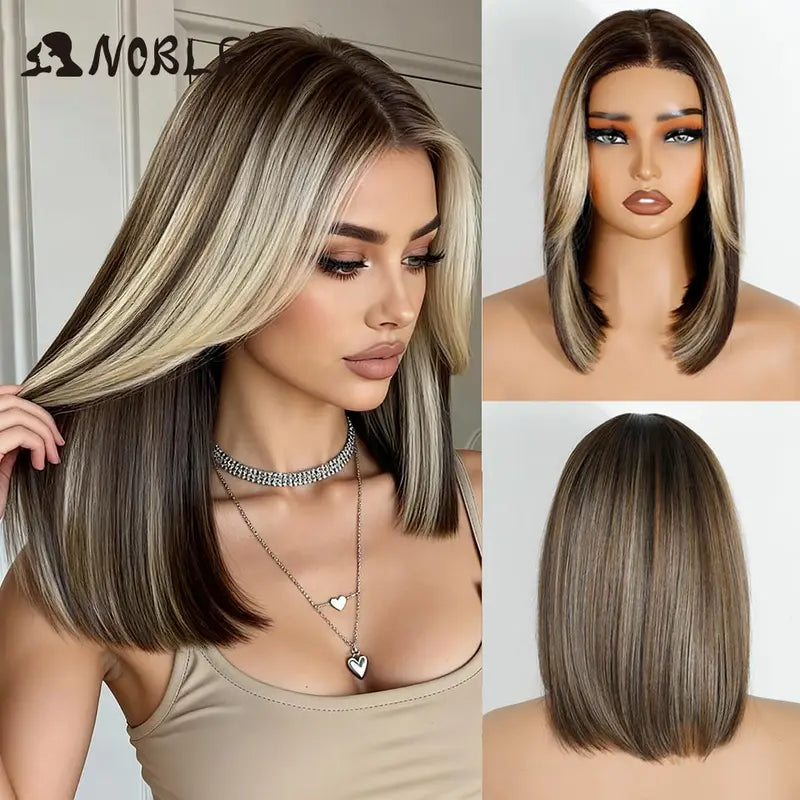 Synthetic Lace Front Wig for Women 12 Inch Ombre Brown Blonde Bob Cosplay Hair