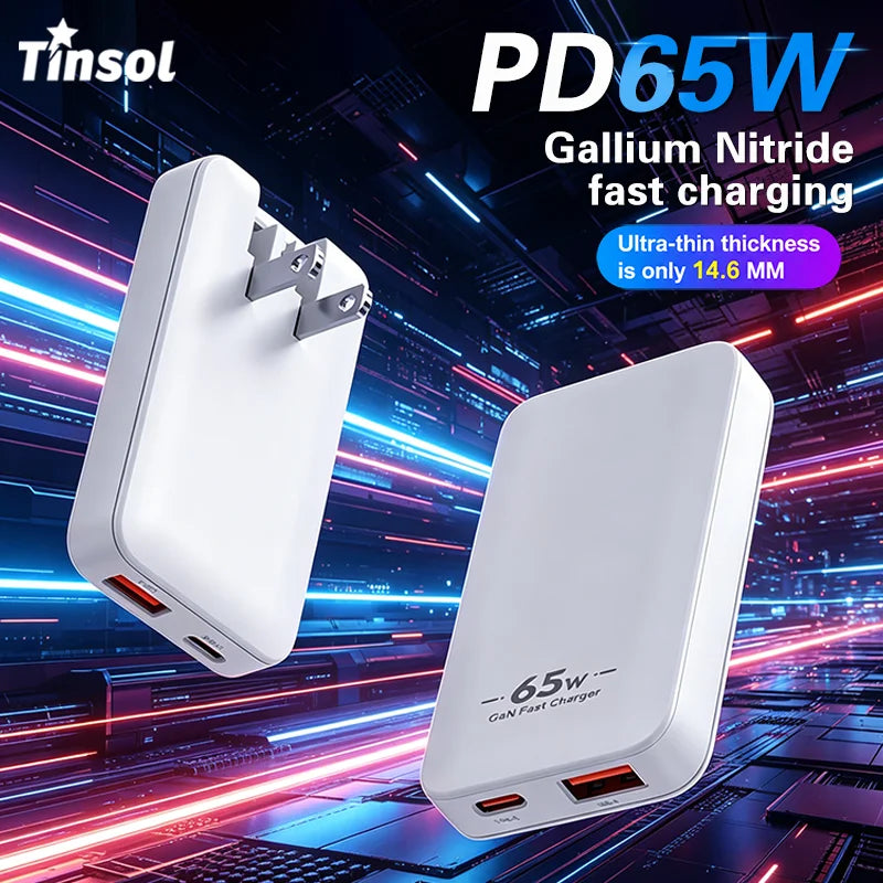 65W Gallium Nitride Travel Charger with Dual USB-C & USB-A Ports, Multi-country Plugs