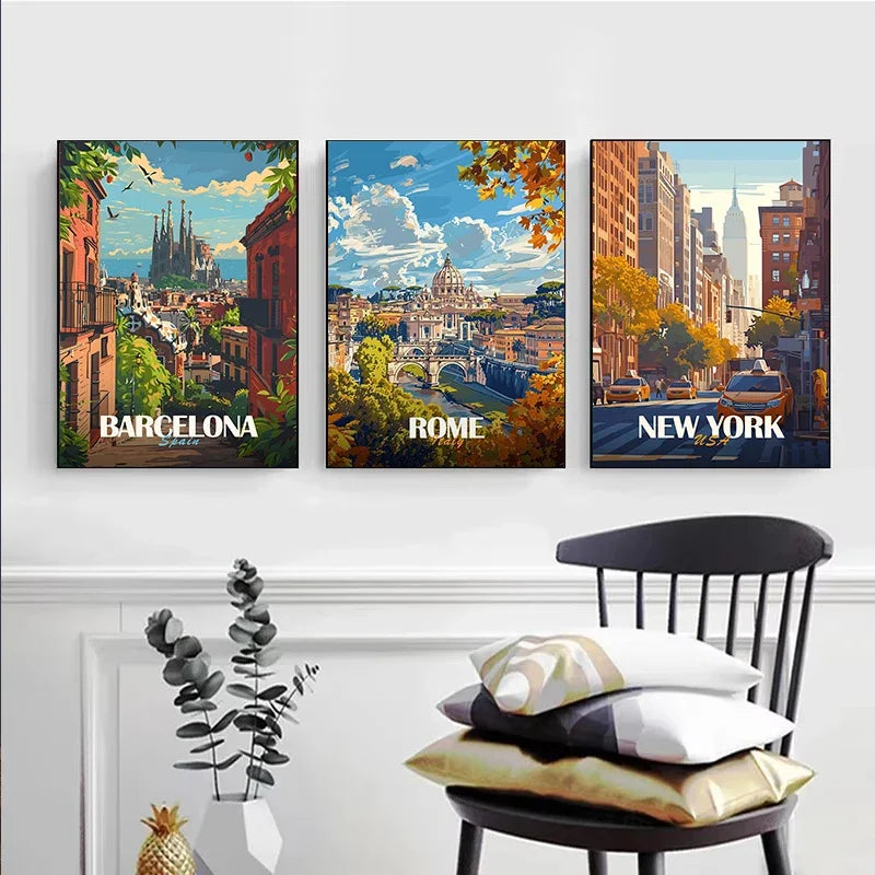 Oil Painting by Numbers City Travel Posters - New York, Kyoto Home Decor