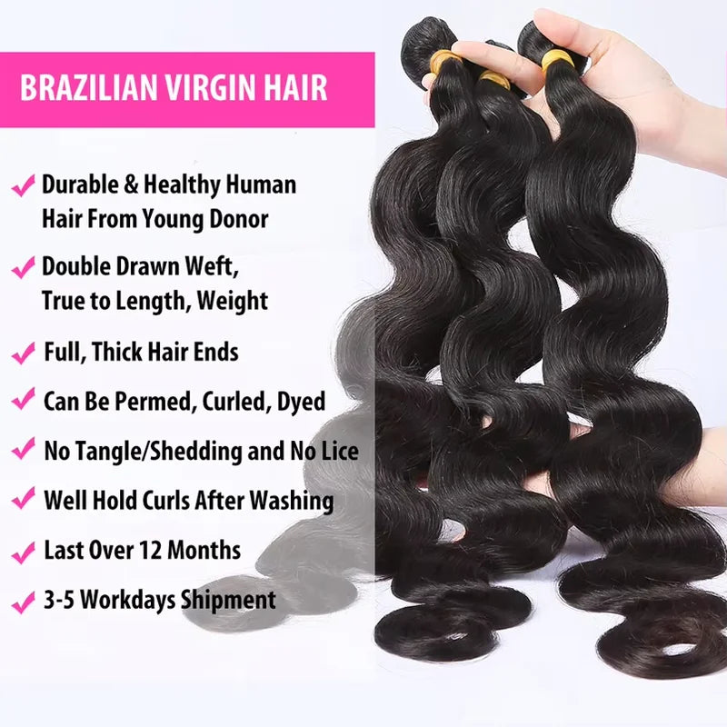 Peruvian Human Hair Bundles Body Wave 26-34 Inch Virgin Hair Extensions