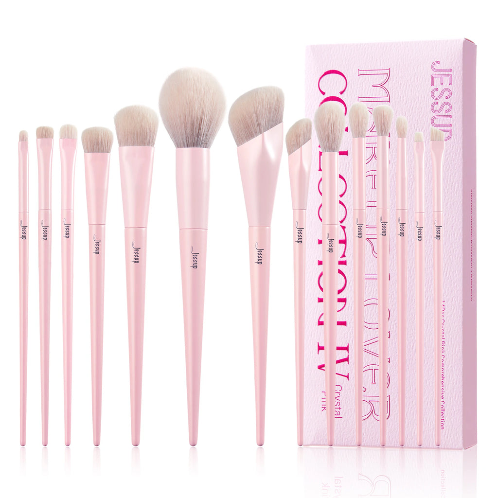 Pink Makeup Brush Set 14pcs - Vegan Face & Eye Cosmetics Tools