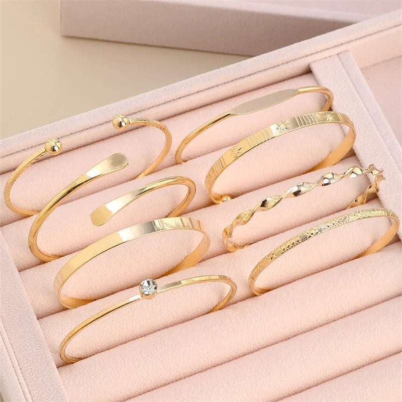 8-Piece Fashion Twist Texture Crystal Geometric Bangles Set for Women