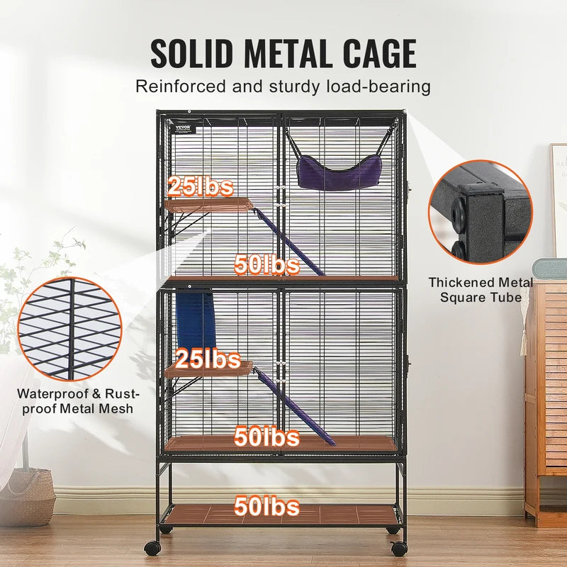 Large 4-Tier Metal Ferret Cage with Wheels & Multiple Platforms for Small Animals