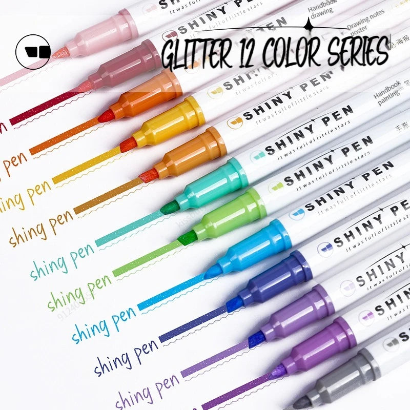 Kawaii Glitter Highlighter Pen Set - Pastel Fine Markers for Scrapbooking & Stationery