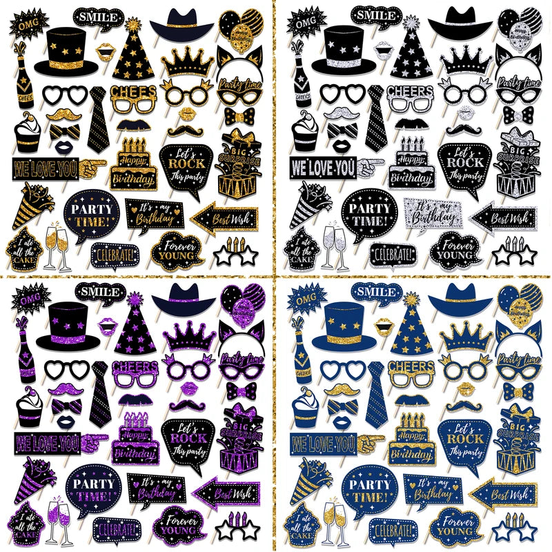 36PCS Happy Birthday Photo Booth Props Set with Shimmer Powder & Fun Glasses - DIY Party Accessories